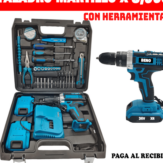 Taladro 36V Recargable Con Martillo 🔨 y Herramientas De Regalo